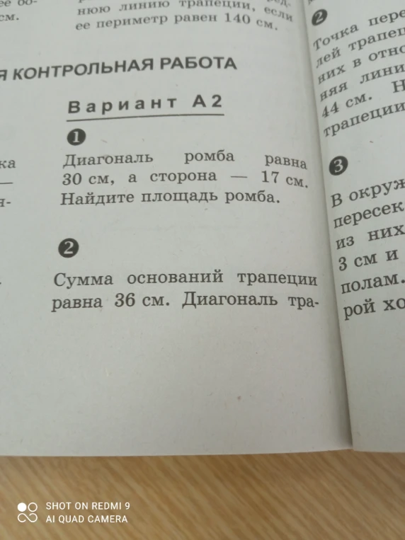 Диагональ ромба равна 30 см, а сторона — 17 см. Найдите площадь ромба.