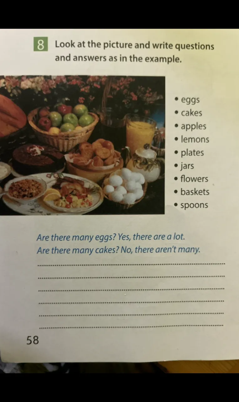 Look at the picture and write questions and answers as in the example.