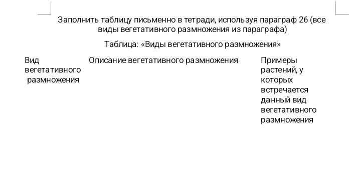 Заполнить таблицу письменно в тетради, используя параграф 26 (все виды вегетативного размножения из параграфа)