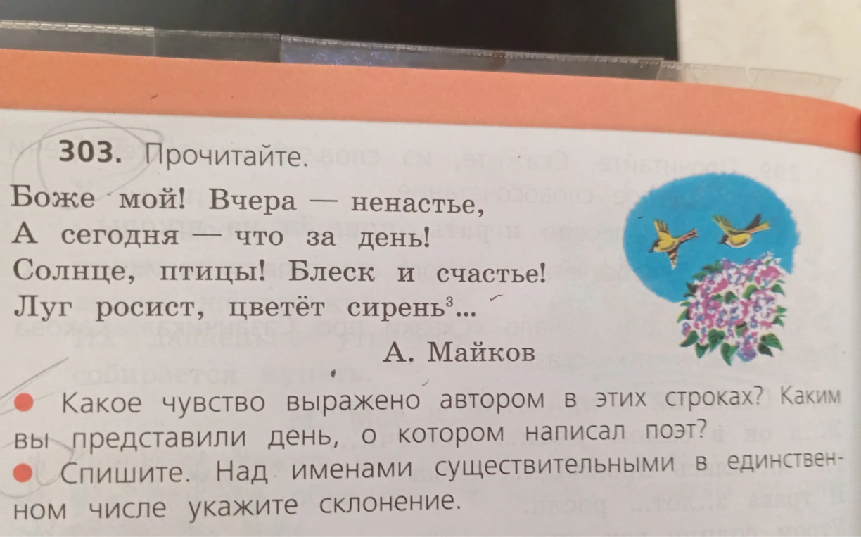 303. Прочитайте. Боже мой! Вчера — ненастье, А сегодня — что за день! Солнце, птицы! Блеск и счастье! Луг росист, цветёт сирень...