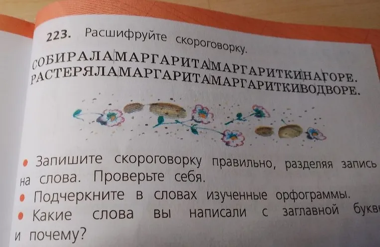 223. Расшифруйте скороговорку. СОБИРАЛАМАРГАРИТАМАРГАРИТКИНАГОРЕ. РАСТЕРЯЛАМАРГАРИТАМАРГАРИТКИВОДВОРЕ. Запишите скороговорку правильно, разделяя запись на слова.