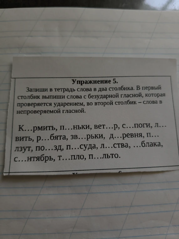 Запиши в тетрадь слова в два столбика. В первый столбик выпиши слова с безударной гласной, которая проверяется ударением, во второй столбик — слова с непроверяемой гласной.