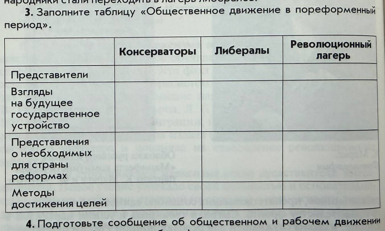 Заполните таблицу «Общественное движение в пореформенный период».