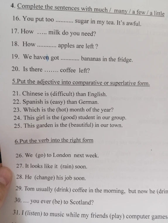 4. Complete the sentences with much / many / a few / a little