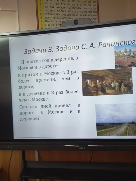 Я провел год в деревне, в Москве и в дороге- и притом в Москве в 8 раз более времени, чем в дороге, а в деревне в 8 раз более, чем в Москве. Сколько дней провел в дороге, в Москве и в деревне?