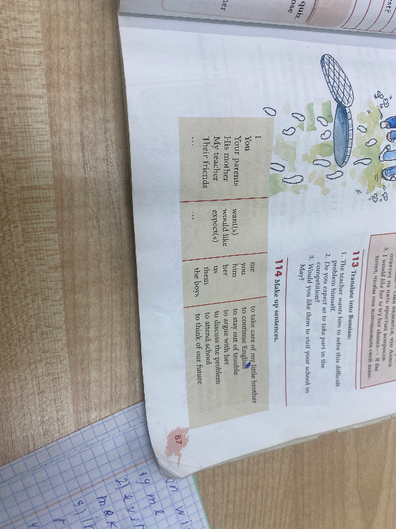 113. Translate into Russian: 1. The teacher wants him to solve this difficult problem himself. 2. Do you expect us to take part in the competition? 3. Would you like them to visit your school in May? 114. Make up sentences.