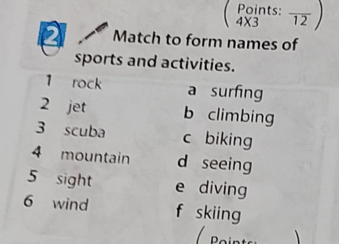 Match to form names of sports and activities.