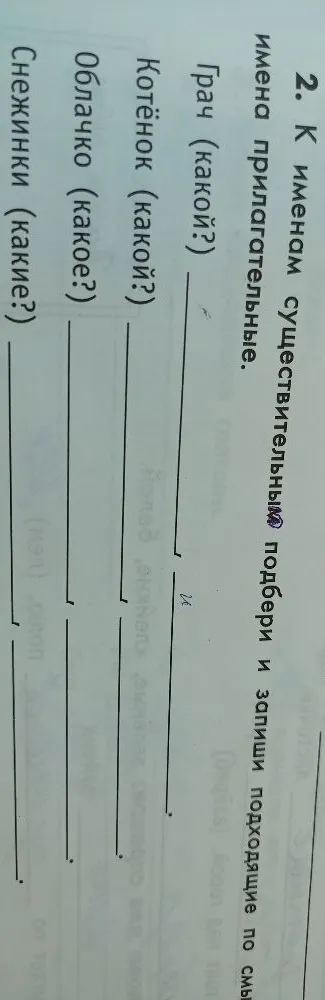 2. К именам существительным подбери и запиши подходящие по смыслу имена прилагательные.