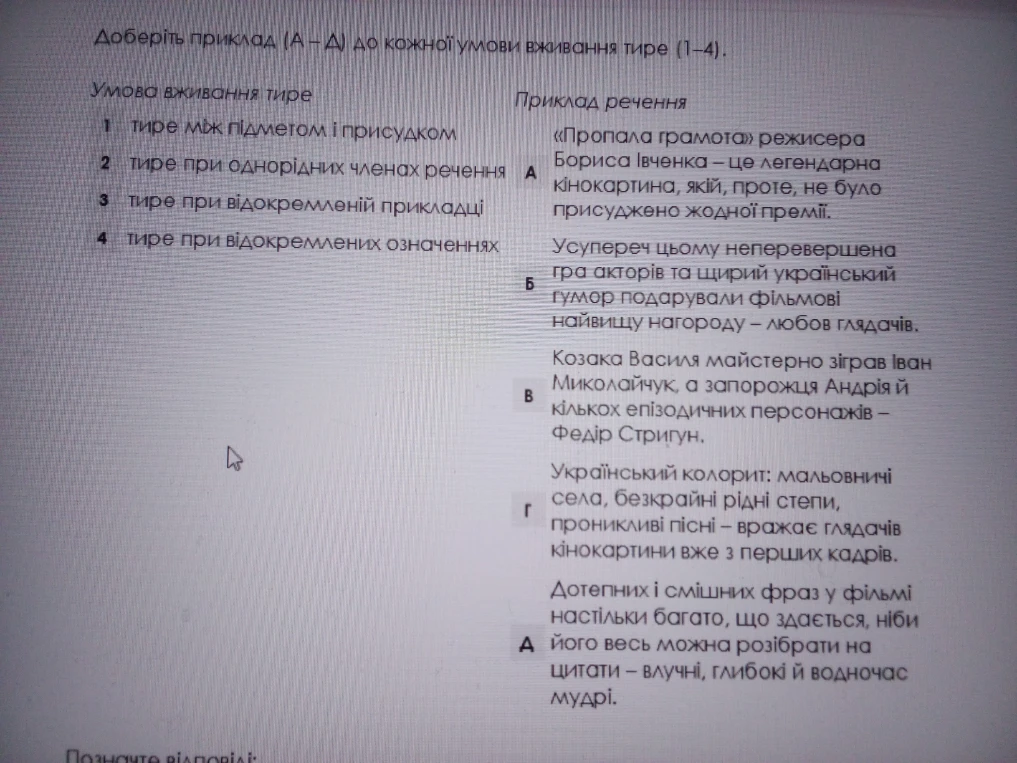 Доберіть приклад (А – Д) до кожної умови вживання тире (1–4).