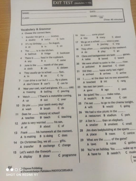 EXIT TEST (Modules 1-10) Vocabulary & Grammar.