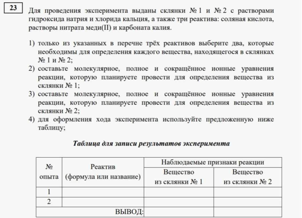 Для проведения эксперимента выданы склянки № 1 и № 2 с растворами гидроксида натрия и хлорида кальция, а также три реактива: соляная кислота, растворы нитрата меди(II) и карбоната калия.