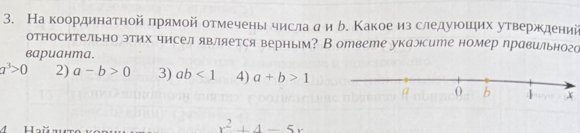 На координатной прямой отмечены числа a и b. Какое из следующих утверждений относительно этих чисел является верным?