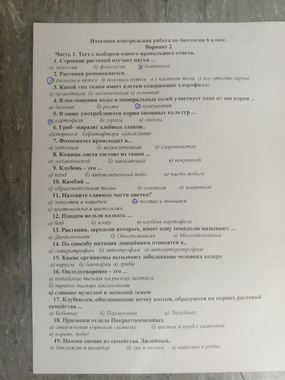 Итоговая контрольная работа по биологии 6 класс.