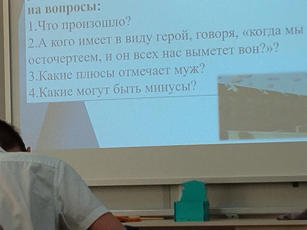 Каникулы на вопросы: 1.Что произошло? 2.А кого имеет в виду герой, говоря, «когда мы осточертеем, и он всех нас выметет вон»? 3.Какие плюсы отмечает муж? 4.Какие могут быть минусы?