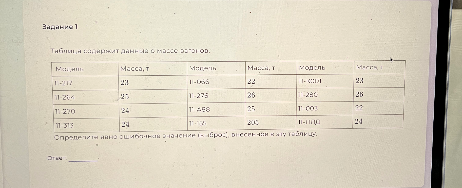Определите явно ошибочное значение (выброс), внесённое в эту таблицу.