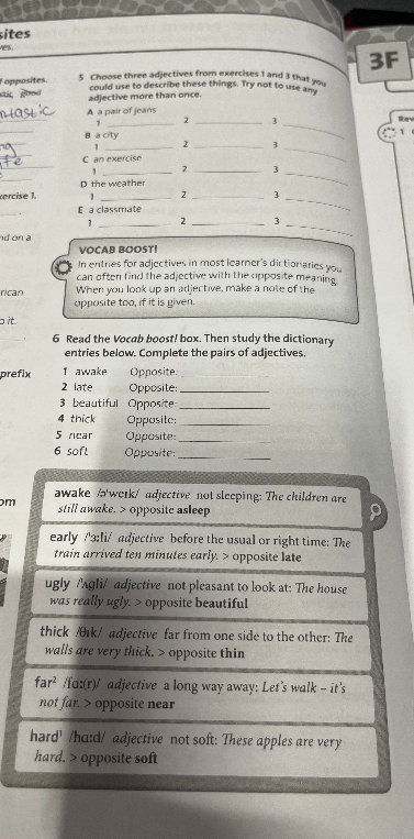Choose three adjectives from exercises 1 and 3 that you could use to describe these things.