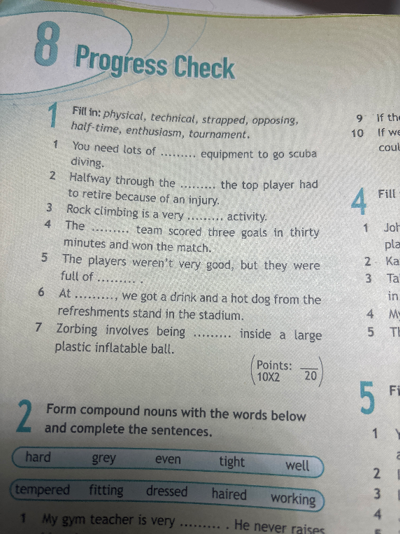 Fill in: physical, technical, strapped, opposing, half-time, enthusiasm, tournament.