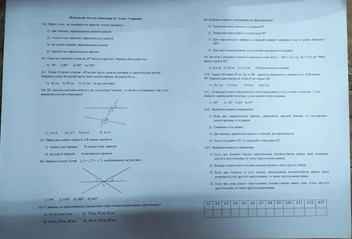 Итоговый тест по геометрии за 7 класс 1 вариант. А1. Через точку, не лежащую на прямой, можно провести ...