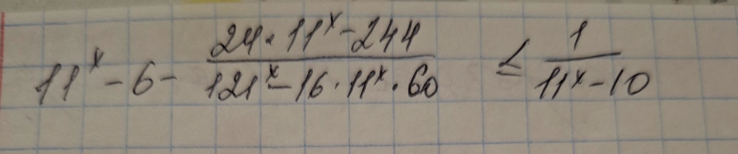11^x - 6 - (24 * 11^x - 244) / (121^x - 16 * 11^x - 60) <= 1 / (11^x - 10)