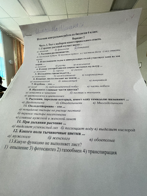 Итоговая контрольная работа по биологии 6 класс. Вариант 2