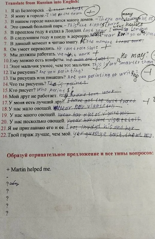 Образуй отрицательное предложение и все типы вопросов: + Martin helped me.