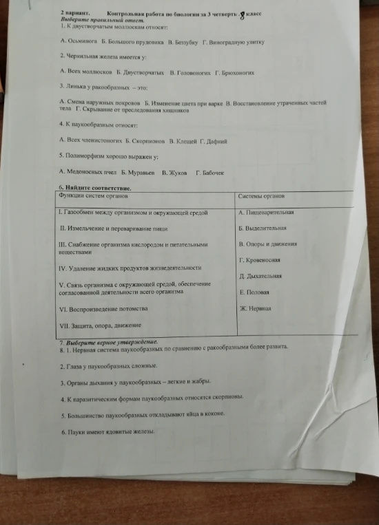 2 вариант. Контрольная работа по биологии за 3 четверть. 8 класс. Выберите правильный ответ.