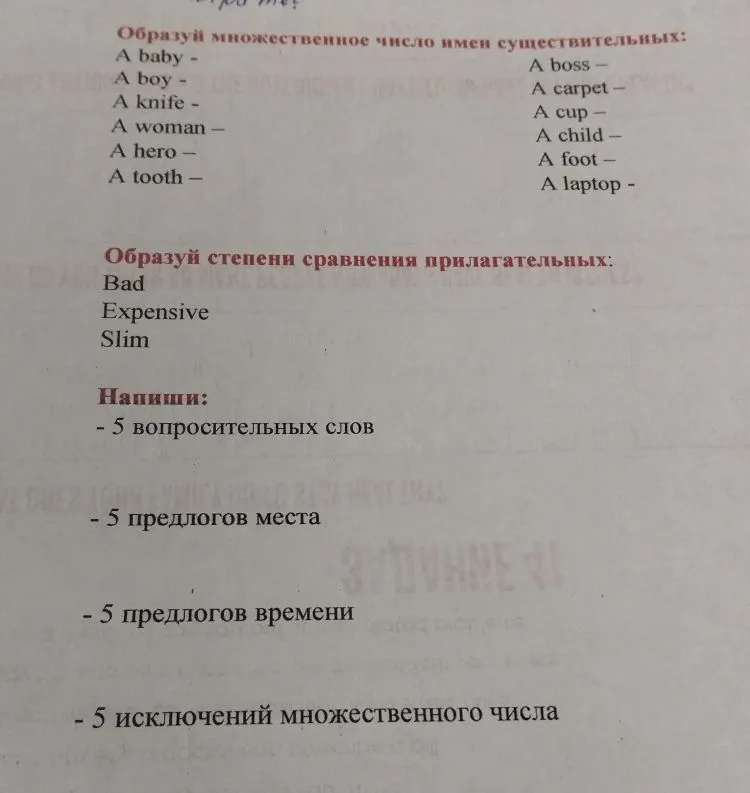 Образуй множественное число имен существительных: