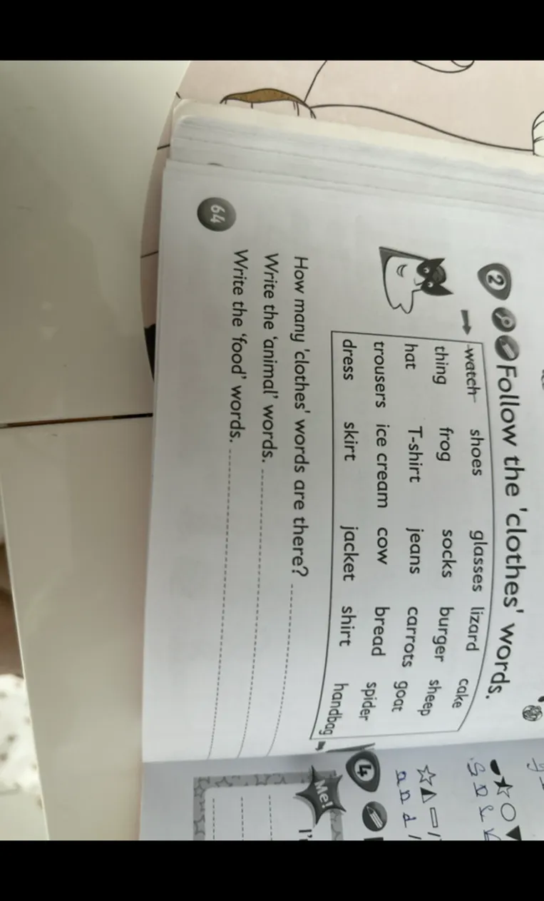 Follow the 'clothes' words. How many 'clothes' words are there? Write the 'animal' words. Write the 'food' words.