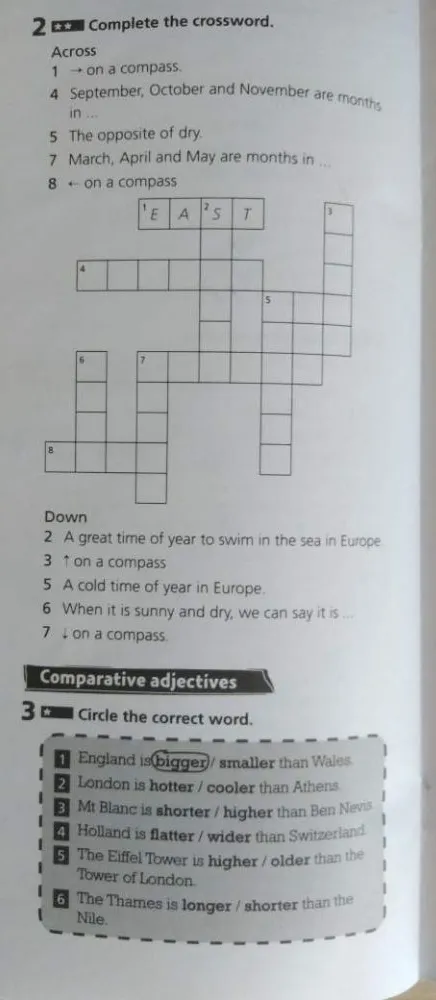 Complete the crossword. Across: 1 → on a compass. 4 September, October and November are months in ...