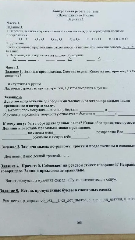 Контрольная работа по теме «Предложение» 9 класс Вариант 1