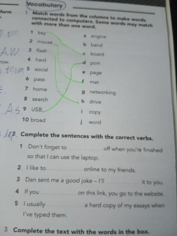 Match words from the columns to make words connected to computers. Some words may match with more than one word.