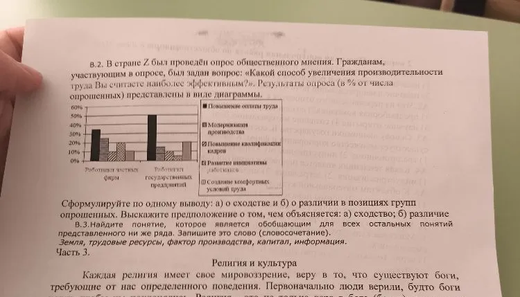 в.2. В стране Z был проведён опрос общественного мнения. Гражданам, участвующим в опросе, был задан вопрос: «Какой способ увеличения производительности труда Вы считаете наиболее эффективным?»