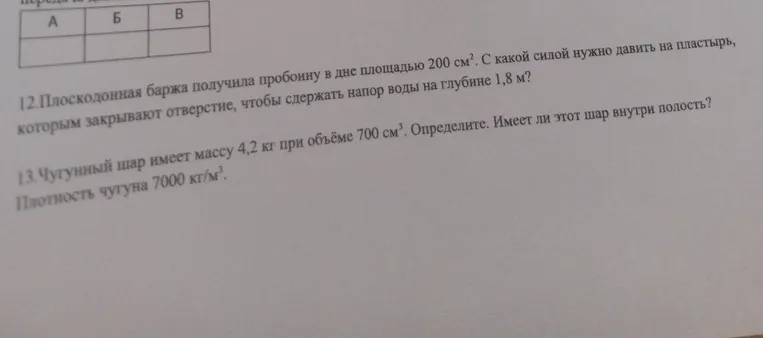 12.Плоскодонная баржа получила пробоину в дне площадью 200 см2. С какой силой нужно давить на пластырь, которым закрывают отверстие, чтобы сдержать напор воды на глубине 1,8 м?