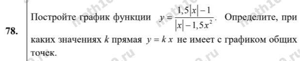 Постройте график функции $y = \frac{1,5|x| - 1}{|x| - 1,5x^2}$. Определите, при каких значениях $k$ прямая $y = kx$ не имеет с графиком общих точек.