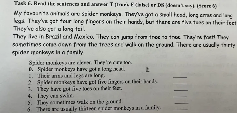 Task 6. Read the sentences and answer T (true), F (false) or DS (doesn't say). (Score 6)