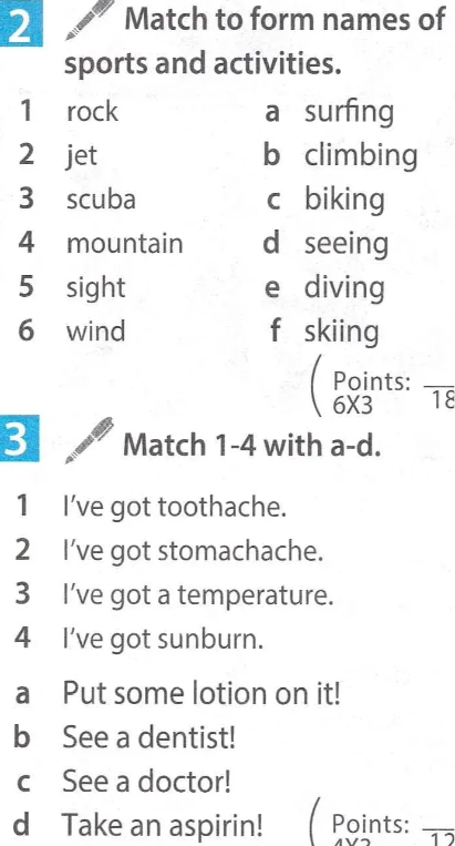 Match to form names of sports and activities.