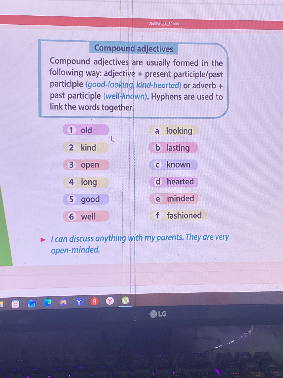 Compound adjectives are usually formed in the following way: adjective + present participle/past participle (good-looking, kind-hearted) or adverb + past participle (well-known). Hyphens are used to link the words together.