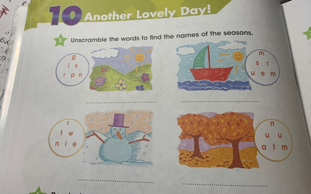 Unscramble the words to find the names of the seasons.