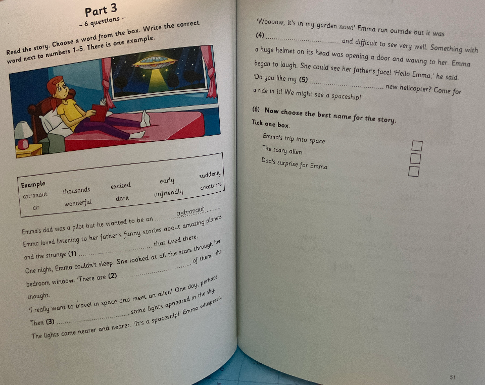Read the story. Choose a word from the box. Write the correct word next to numbers 1-5. There is one example.