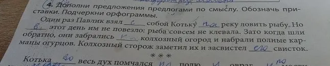 4. Дополни предложения предлогами по смыслу. Обозначь приставки. Подчеркни орфограммы.