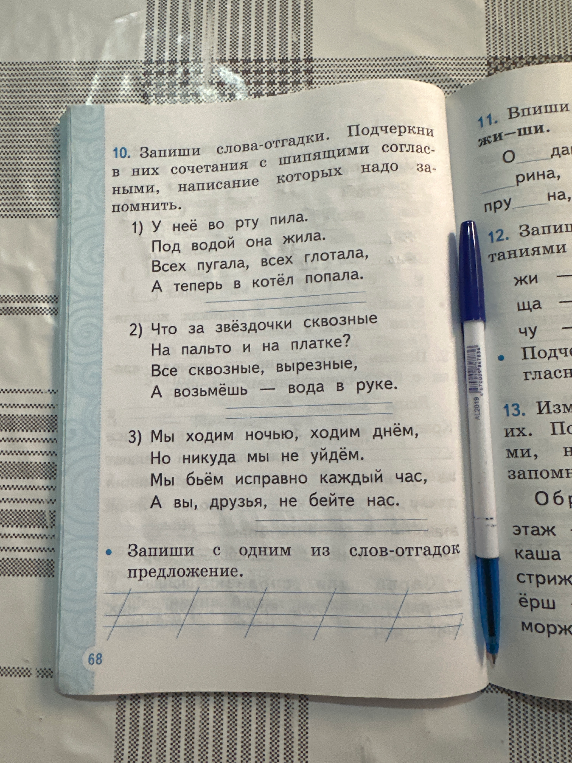 10. Запиши слова-отгадки. Подчеркни в них сочетания с шипящими согласными, написание которых надо запомнить.
