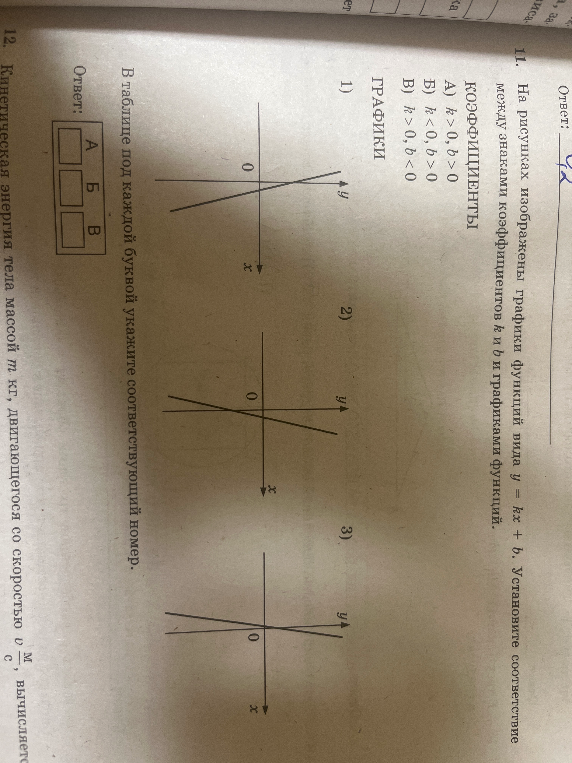 На рисунках изображены графики функций вида y = kx + b. Установите соответствие между знаками коэффициентов k и b и графиками функций.