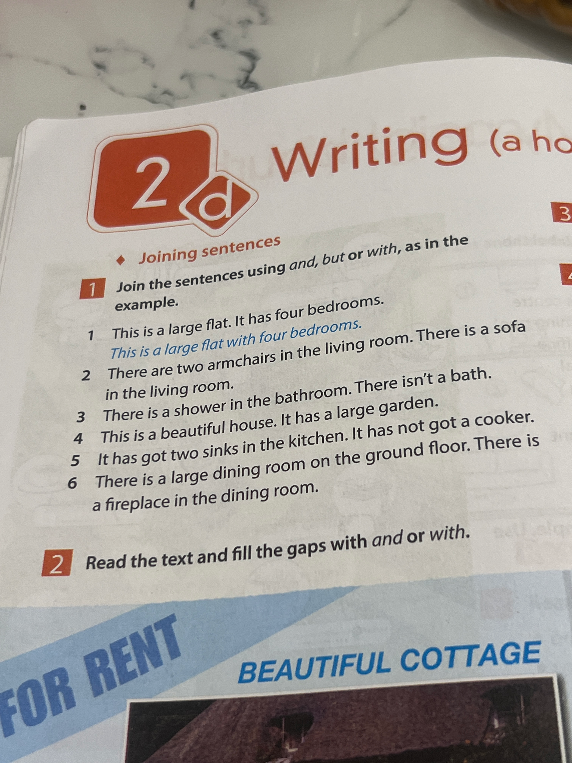 Join the sentences using and, but or with, as in the example.