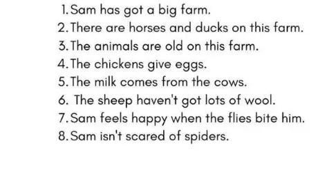 1. Sam has got a big farm. 2. There are horses and ducks on this farm. 3. The animals are old on this farm.