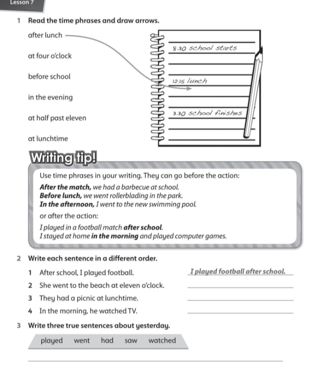 Read the time phrases and draw arrows.
