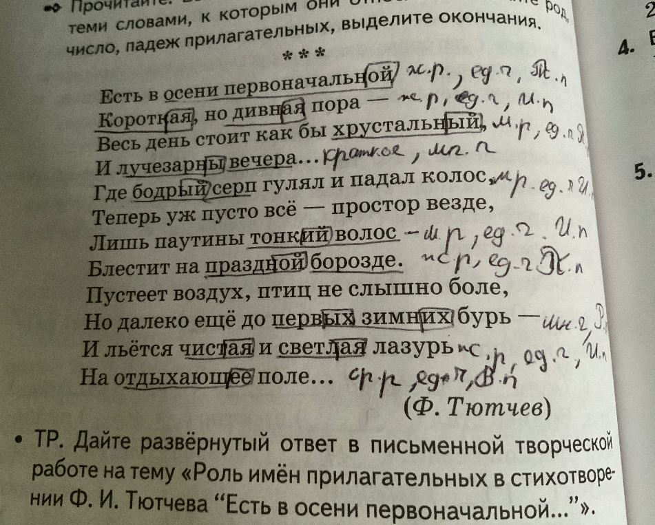 Прочитайте. Выпишите прилагательные вместе с именами существительными, к которым они относятся. Укажите род, число, падеж прилагательных, выделите окончания.