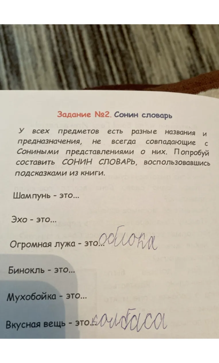 Задание №2. Сонин словарь. У всех предметов есть разные названия и предназначения, не всегда совпадающие с Сониными представлениями о них. Попробуй составить СОНИН СЛОВАРЬ, воспользовавшись подсказками из книги.