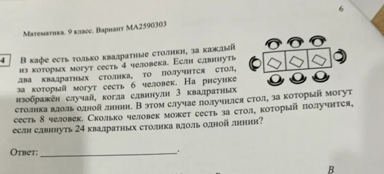 В кафе есть только квадратные столики, за каждый из которых могут сесть 4 человека. Если сдвинуть два квадратных столика, то получится стол, за который могут сесть 6 человек. На рисунке изображён случай, когда сдвинули 3 квадратных столика вдоль одной линии. В этом случае получился стол, за который могут сесть 8 человек. Сколько человек может сесть за стол, который получится, если сдвинуть 24 квадратных столика вдоль одной линии?