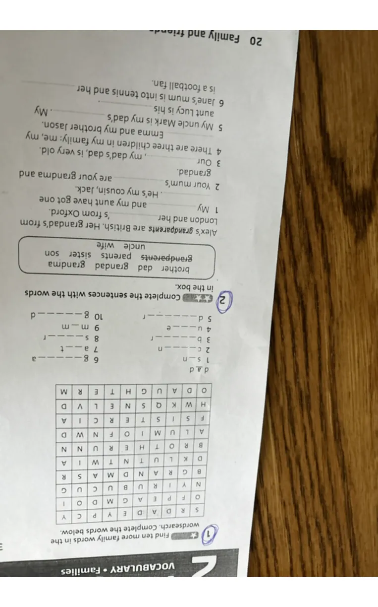 Find ten more family words in the wordsearch. Complete the words below.