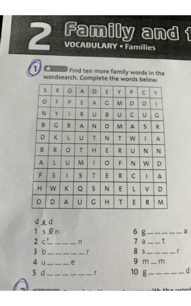 Find ten more family words in the wordsearch. Complete the words below.